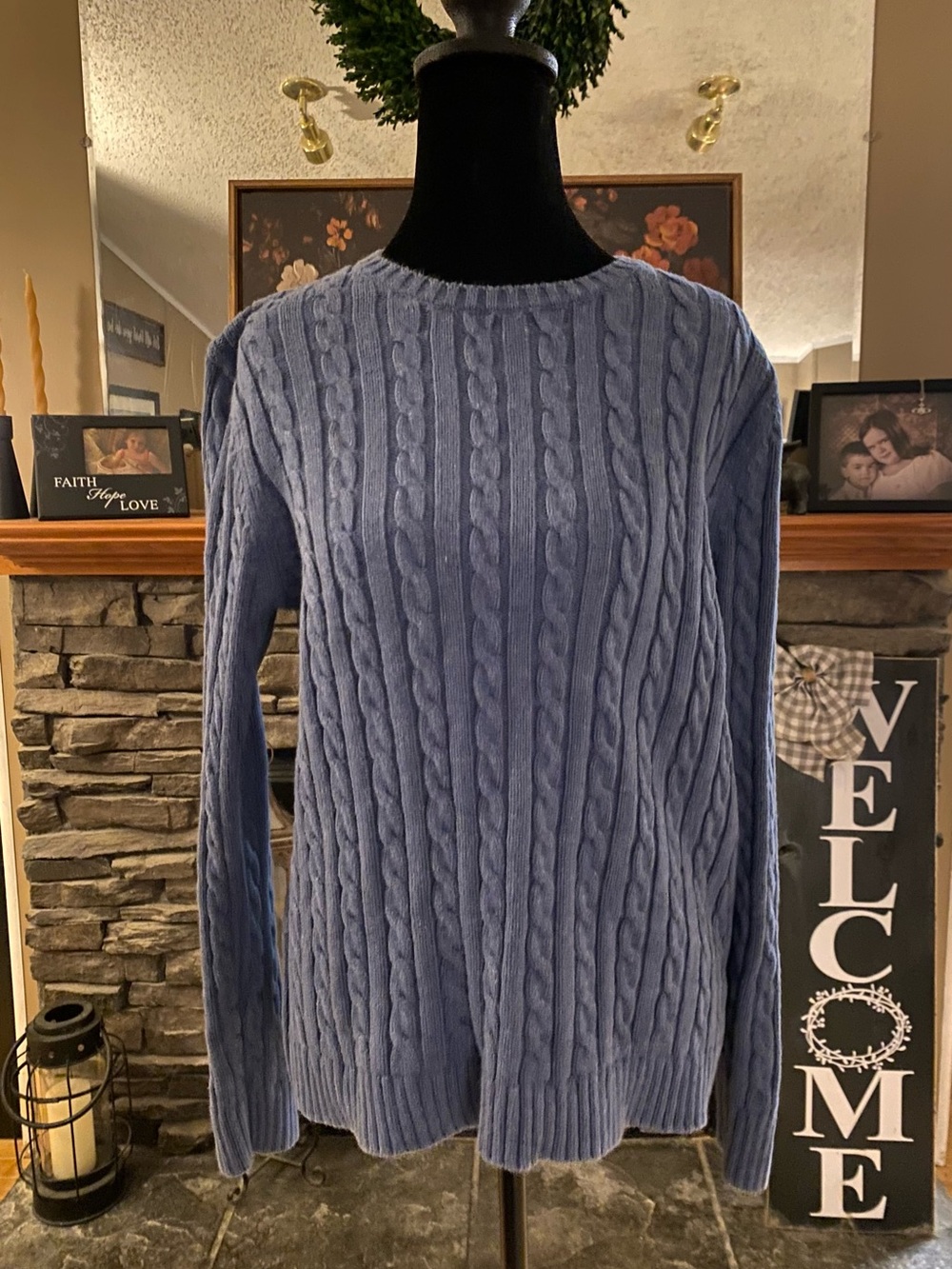 L.L. Bean Women's Blue Cable Knit Crewneck Sweater